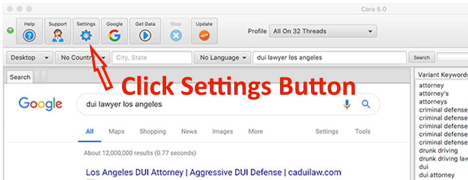 Cora main screen with Settings in the toolbar