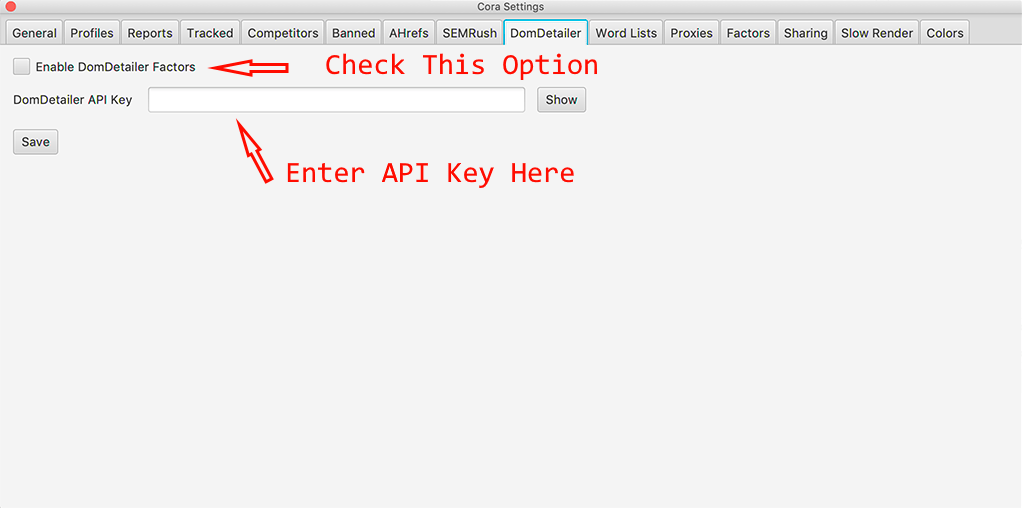 Cora DomDetailer settings with an API key field and Enable DomDetailer Factors option