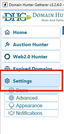 Domain Hunter Gatherer Settings entry in the left navigation menu