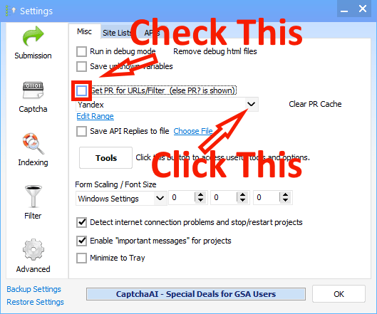 GSA Search Engine Ranker Get PR for URLs option with the metric source list expanded