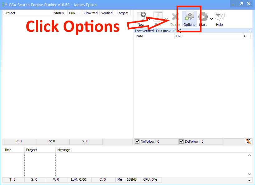 GSA Search Engine Ranker Options window with the Advanced settings list