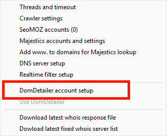 DomDetailer account setup option in the Scrapebox addon menu