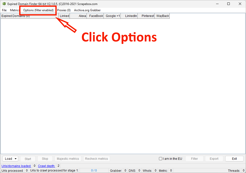 Options menu in the Scrapebox Expired Domain addon toolbar