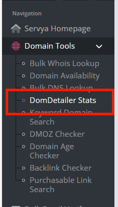 DomDetailer tool entry in the Servya navigation menu
