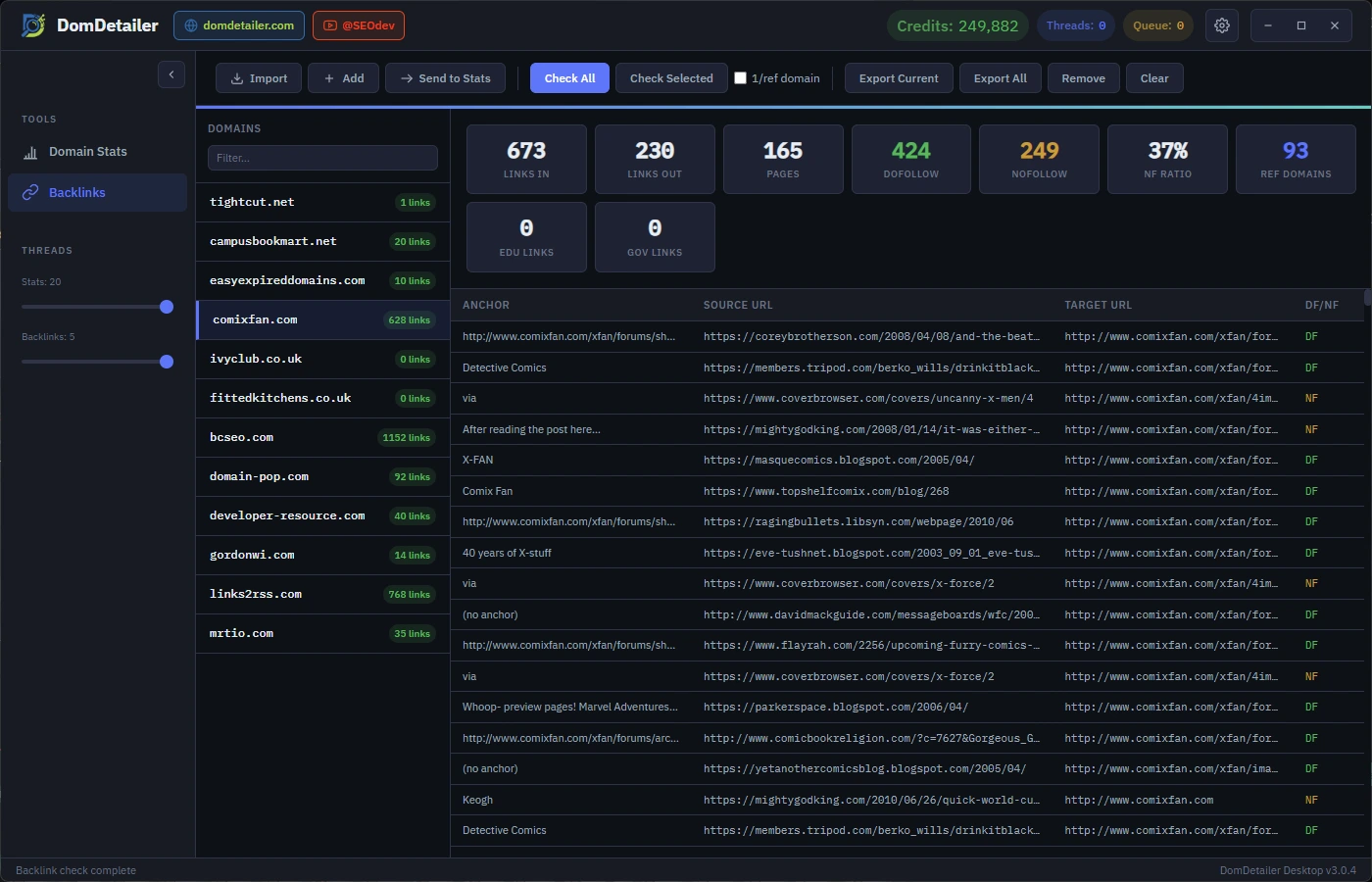 The Backlinks view of DomDetailer Desktop: a list of checked domains on the left with link counts, summary tiles for links in, links out, pages, dofollow, nofollow and referring domains, and a table of individual backlinks with anchor text, source URL, target URL and follow status.